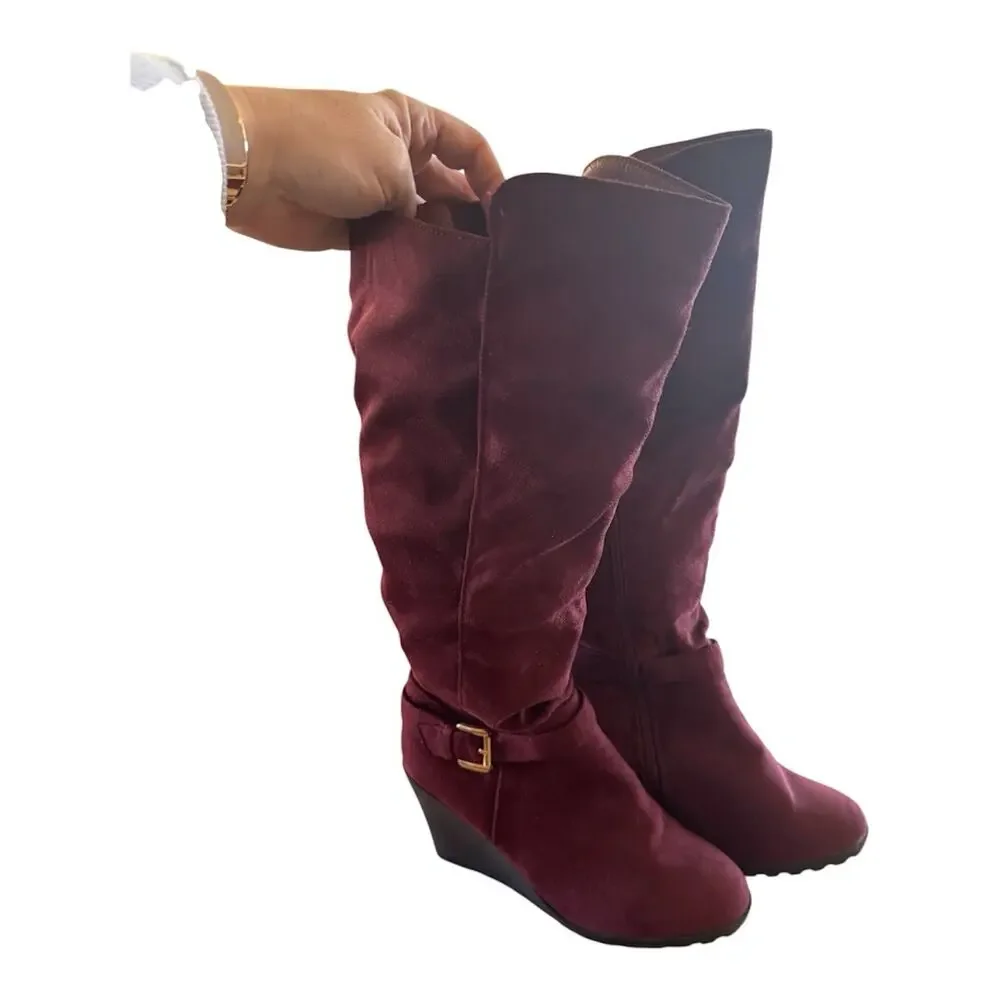 Women’s Burgundy Faux Suede Knee-high Wedge Boots Size 9 New - Picture 1 of 5
